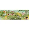 vue du puzzle Gallery Djeco: Pique-nique estival dans un jardin fleuri près de la plage; enfants et adultes jouent, cerfs-volants et hamacs sous les arbres