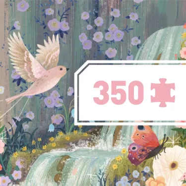 Puzzle de 350 pièces "Fairy Lake" de Djeco: paysage féerique avec cascade, fleurs violettes et papillons, faisceau pastel.