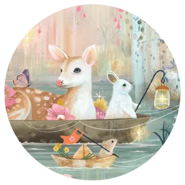 Panneau rond illustrant des cerfs et lapins dans une barque au bord d’un lac, lanternes et fleurs pastel, ambiance féerique. Puzzle Gallery 350 pcs DJECO 7690.