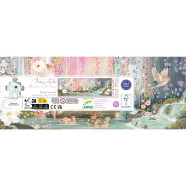 Puzzle "Fairy Lake" 350 pcs DJECO 7690, boîte vue sur fond floral pastel et paysage féerique, dimensions 97x33 cm.