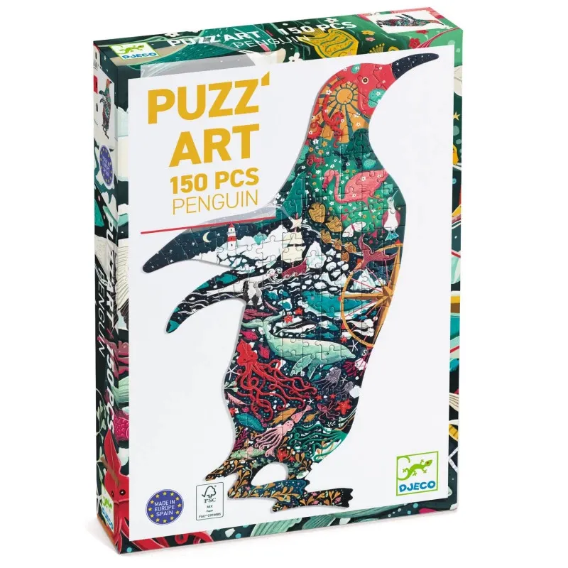 Puzzle Puzz'Art 150 pièces Pingouin par Djeco, boîte colorée avec silhouette de pingouin.