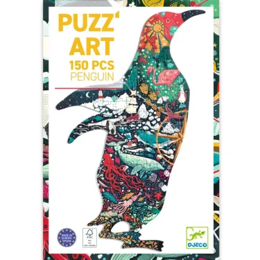 Puzzle Puzz'Art 150 pcs Pingouin par Puzz'Art DJECO 7663 - boîte colorée présentant un grand pictogramme de pingouin rempli de motifs marins et nocturnes.