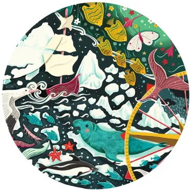 Puzzle rond Pingouin - Puzz'Art 150 pièces DJECO 7663: scène maritime colorée avec nœuds de poissons, voiles et créatures fantastiques.