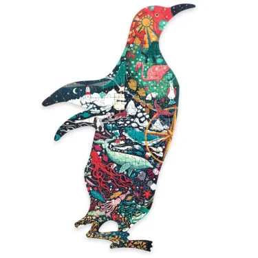 Puzzle Pingouin DJECO 150 pcs Puzz'Art : silhouette d'un Pingouin coloré en forme d'animal puzzle complet.