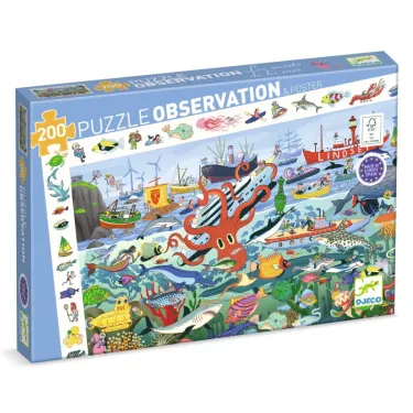 Puzzle d’observation marin de 200 pièces Les secrets de la mer, DJECO 7460, illustration colorée d’un monde sous-marin et de créatures.