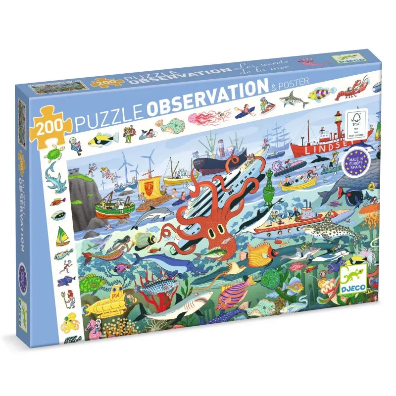 Puzzle d’observation marin de 200 pièces Les secrets de la mer, DJECO 7460, illustration colorée d’un monde sous-marin et de créatures.