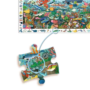 Puzzle d’observation « Les secrets de la mer » 200 pièces DJECO 7460 avec pièces illustrées et pièce magnétique montrant une zone marine à assembler