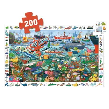 Puzzle observation de la mer, 200 pièces, Les secrets de la mer - scène marine ornée d’animaux et bateaux colorés, DJECO 7460.