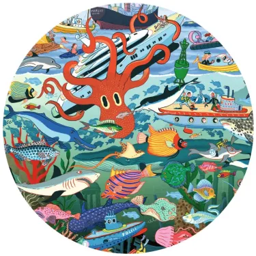 Puzzle d’observation “Les secrets de la mer” 200 pcs DJECO 7460 avec pieuvre rouge et vie marine colorée dans un cadre circulaire