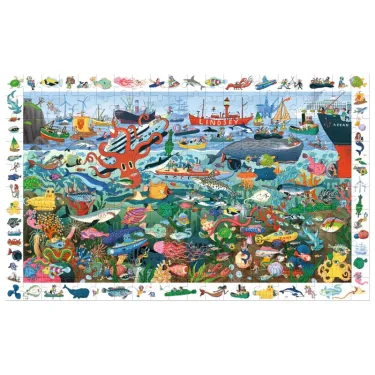 Puzzle d’observation « Les secrets de la mer » 200 pcs DJECO 7460: mer agitée remplie d’animaux marins et de navires colorés, bancs de poissons et créatures sous-marines.