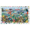 Puzzle d’observation « Les secrets de la mer » 200 pcs DJECO 7460: mer agitée remplie d’animaux marins et de navires colorés, bancs de poissons et créatures sous-marines.