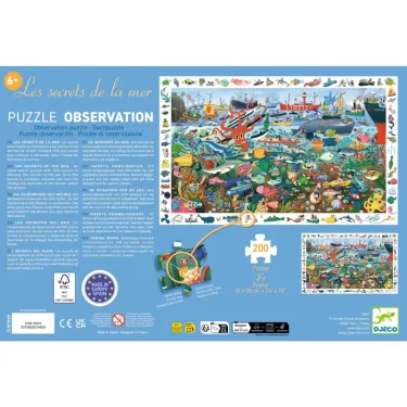 Puzzle d’observation “Les secrets de la mer” Djeco 200 pcs, illustration aquatique colorée avec navires et poissons.