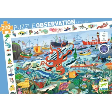Puzzle observation 200 pcs Les secrets de la mer par Djeco, scènes marines colorées avec pieuvres et poissons.