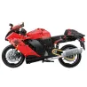 Moto Suzuki Hayabusa en pièces, modèle à assembler, avec structure rouge et éléments noirs et gris, chaîne et échappement visible.