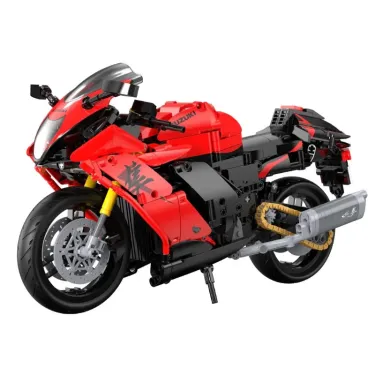 Alt: Set de construction Suzuki Hayabusa, moto rouge et noire à assembler, détail moteur et chaîne dorée.
