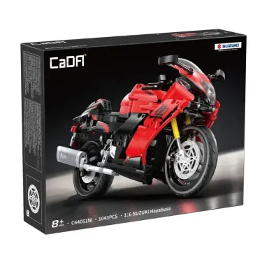 Box du Set de construction Suzuki Hayabusa CADA, 1043 pièces, moto à assembler, modèle détaillé et rouge.