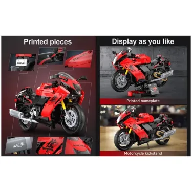 Set de construction Suzuki Hayabusa avec 1043 pièces, moto à assembler, pièces imprimées et affichage personnalisable avec support moto et nom imprimé.