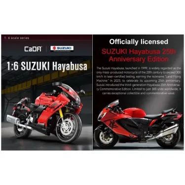Alt text: Ensemble de construction Suzuki Hayabusa, maquette à assembler en 1:6 sur 1043 pièces, montrant deux motos rouges.