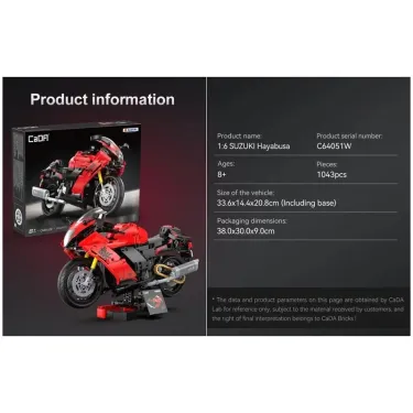Set de construction Suzuki Hayabusa CADA 1043 pièces - Moto à assembler, image montrant le boîtier et la moto rouge assemblée.