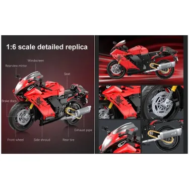 Set de construction Suzuki Hayabusa, réplique à l’échelle 1:6 avec damier rouge et échappement argenté, détails roues, guidon et carénage.
