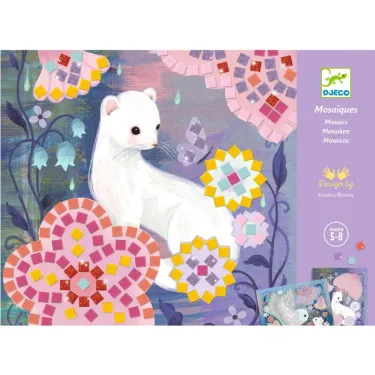 Mosaïques Sous-bois DJECO 9309 : hermine blanche entourée de motifs floraux et mosaiques colorées sur fond violet.