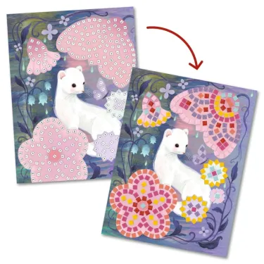 Mosaïques Sous-bois DJECO 9309: bouquet floral pastel et papillons avec un petit animal blanc sur fond violet, pièces à mosaïque.