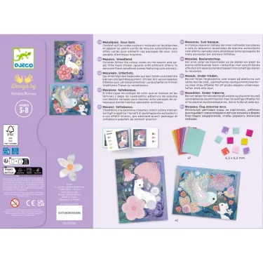 Mosaïques Sous-bois DJECO 9309 – boîte violet avec images de mosaïques et motifs animaux, guide et petites pièces colorées pour enfants 5–8 ans.