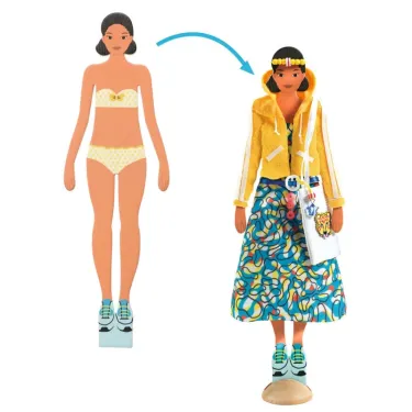 Coffret La mode by Magali – transformation d’une illustration: jeune femme en sous-vêtement, puis tenue complète créative DJECO 9336