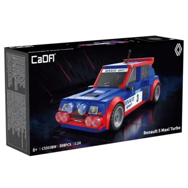 Boîte du set CaDA Renault 5 Maxi Turbo en 1:24, 308 pièces, voiture de rallye bleue et rouge avec phares et plaque Renault sport