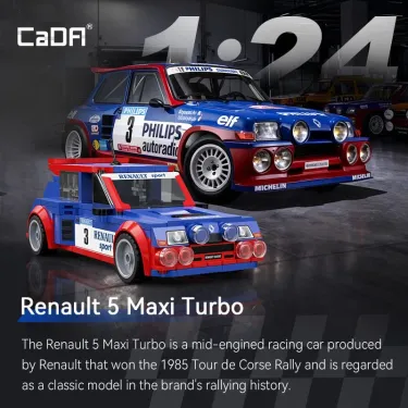 Renault 5 Maxi Turbo et sa version miniature reproduites dans une scène de rallye, avec carrosserie bleue et rouge, logos Renaul