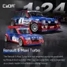 Renault 5 Maxi Turbo et sa version miniature reproduites dans une scène de rallye, avec carrosserie bleue et rouge, logos Renaul