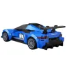 Voiture de simulacres Maserati MC20 GT2 en briques Cada bleue, vue arrière avec aileron et roues argentées, référence Maserati et décoration course.