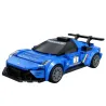 Voiture de course Maserati MC20 GT2 en briques Cada à 240 pièces, bleu vif avec aileron arrière et détails noirs.