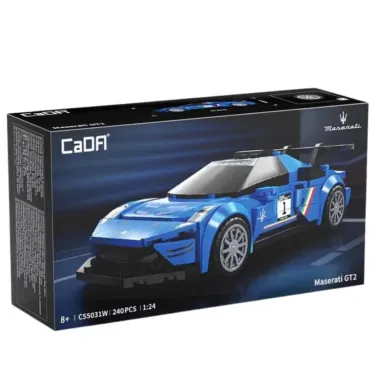 Boîte ensemble de construction CaDA Maserati MC20 GT2 en bleu, 240 pièces, modèle réduit de voiture racer avec spoilers et roues détaillées.