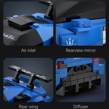 Miniature du set Maserati MC20 GT2 - CADA, 240 pièces: composants bleus et noirs montrant une entrée d'air, miroir rétroviseur, aileron arrière et diffuseur.