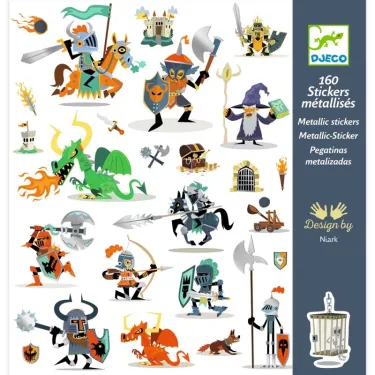 Ensemble d'autocollants métallisés de chevaliers et créatures fantastiques Djeco 8886, style cartoon coloré.