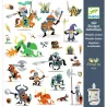 Ensemble d'autocollants métallisés de chevaliers et créatures fantastiques Djeco 8886, style cartoon coloré.