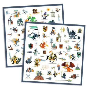 Stickers métallisés Djeco 8886 « Chevaliers »: planches avec de nombreux chevaliers fantaisistes, dragons, arbalètes, boucliers
