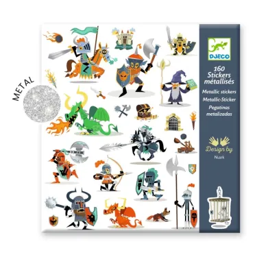 Stickers métallisés Djeco 8886 représentant des chevaliers médiévaux colorés en action avec boucliers et armes, emballage design