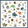 Autocollants métallisés Djeco 8886 représentant des chevaliers et dragons colorés dans une scène médiévale fantasy.