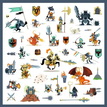Stickers métallisés Djeco Chevaliers: chevaliers, dragons et créatures médiévales colorés en bataille, boucliers, épées et trésor.