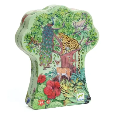 Puzzle silhouette Jungle indienne de DJECO 54 pièces, emballage en forme de silhouette avec animaux et végétation tropicale.