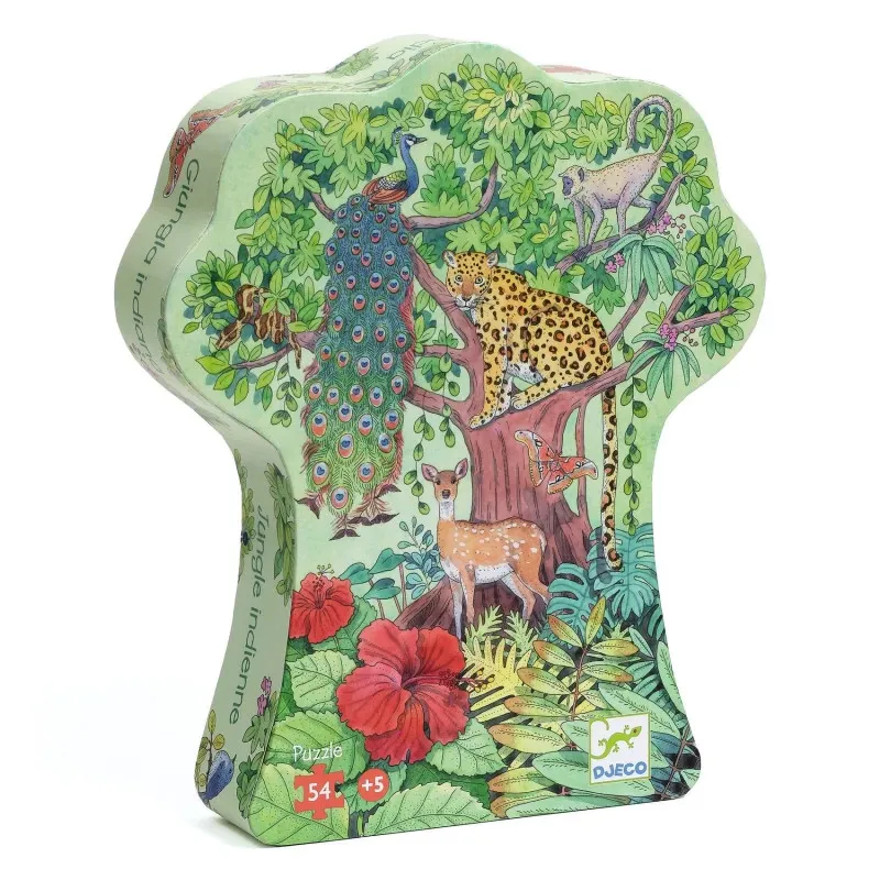 Puzzle silhouette Jungle indienne de DJECO 54 pièces, emballage en forme de silhouette avec animaux et végétation tropicale.