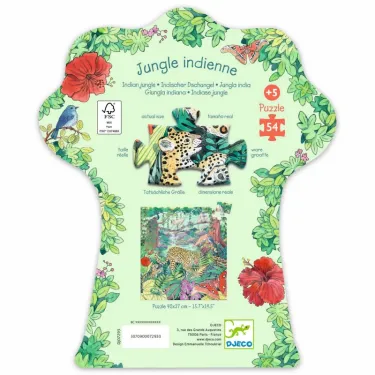 Puzzle 54 pièces Jungle indienne DJECO 7293, silhouette florale avec jaguar et jungle colorée.
