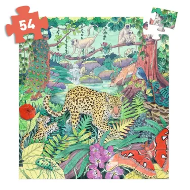 Puzzle de 54 pièces silhouette Jungle indienne DJECO 7293 montrant un jaguar au cœur d’une végétation tropicale et d’animaux dans une scène de jungle.