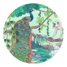 Jungle indienne : silhouette de paon coloré sur branche dans une forêt tropicale, avec un singe dans le fond. puzzle 54 pièces.