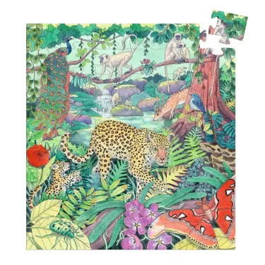 Puzzle 54 pièces Jungle indienne : jaguar au milieu d’une jungle colorée avec fleurs, oiseaux et animaux.
