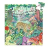 Puzzle 54 pièces Jungle indienne : jaguar au milieu d’une jungle colorée avec fleurs, oiseaux et animaux.