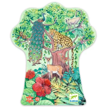 Puzzle Jungle indienne – DJECO 54 pièces, silhouette exotique avec jaguar, faune et fougères luxuriantes.