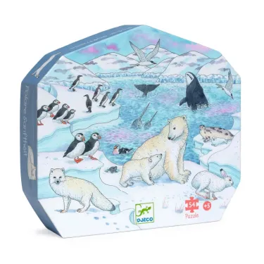 Puzzle 54 pièces Douceur polaire, silhouette DJECO 7294, scène arctique avec ours, manchots et animaux marins.